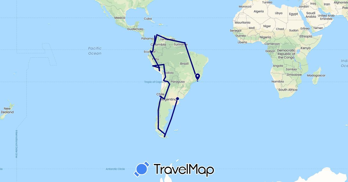 TravelMap itinerary: driving in Argentina, Bolivia, Brazil, Chile, Colombia, Ecuador, France, Peru, Venezuela (Europe, South America)